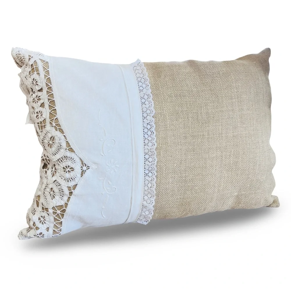 Vintage Embroidered Lace with Rustic Burlap Lumbar Pillow One of a Kind